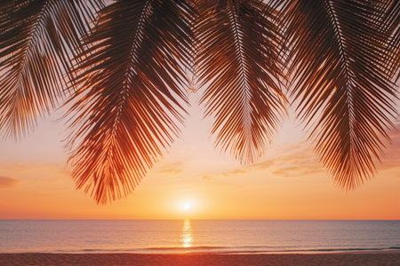 Palm tree at tropical beach on sunset sky abstract background. Summer vacation and nature travel adventure concept. Vintage tone filter effect color style. generative AI.の素材