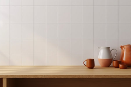 Minimal cozy counter mockup design for product presentation background or branding with bright wood counter tile white wall with orange brown jug mug. Kitchen interior. generative AI.の素材