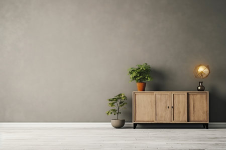 Cabinet with plant and lamp in front of a background wall. generative AI.の素材