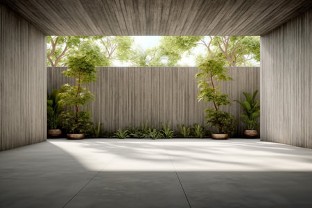 Empty old wood plank wall 3d render,There are concrete floor,Behide the backdrop is a tropical garden,sunlight shine into the room. generative AI.の素材