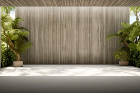 Empty old wood plank wall 3d render,There are concrete floor,Behide the backdrop is a tropical garden,sunlight shine into the room. generative AI.の素材