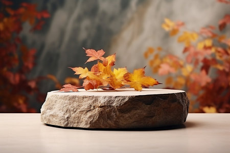 Autumn showcase made of natural stone, autumn foliage. Empty Podium presentation cosmetics. Minimalistic branding scene. generative AI.の素材