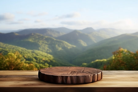 Wooden cuttingboard on wooden table for standing product against nature landscape. generative AI.の素材