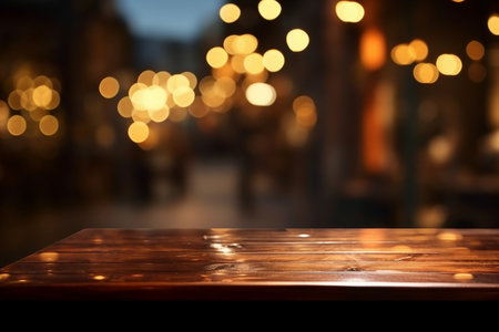 empty table to showcase your product, against the background of a blurred cafe golden bokeh. generative AIの素材