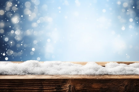 Beautiful blue blurred background of winter and shabby table. generative AI.の素材