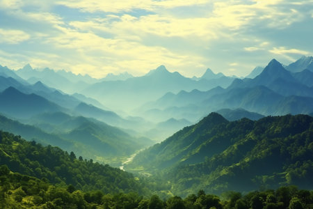 High mountain in morning time. Beautiful natural landscape. generative AI.の素材
