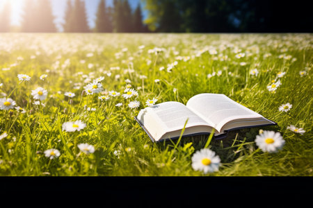Open book in the grass on the field on a sunny day in spring. Beautiful meadow with daisy and dandelion flowers at springtime. Reading and knowledge concept. generative AI.の素材