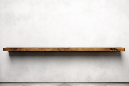 Wooden shelf over white concrete wall background. generative AI.の素材