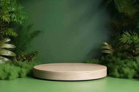 Wood podium presentation mock up for product presentation on green wall.3d renderingWood podium presentation mock up for product presentation on green wall.3d rendering. generative AI.の素材
