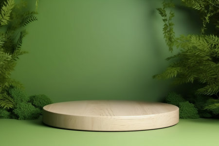 Wood podium presentation mock up for product presentation on green wall.3d renderingWood podium presentation mock up for product presentation on green wall.3d rendering. generative AI.の素材