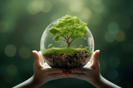 Hand of human holding green earth with tree for ESG, co2, and net zero.Concept of World sustainable environment, Save our Planet, World Environment Day, World Earth Day. generative AI.の素材