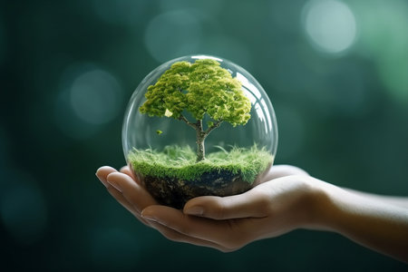 Hand of human holding green earth with tree for ESG, co2, and net zero.Concept of World sustainable environment, Save our Planet, World Environment Day, World Earth Day. generative AI.の素材