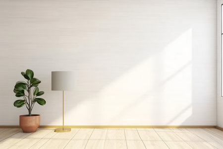 Lamp and a plant in an empty room wall mockup. generative AI.の素材