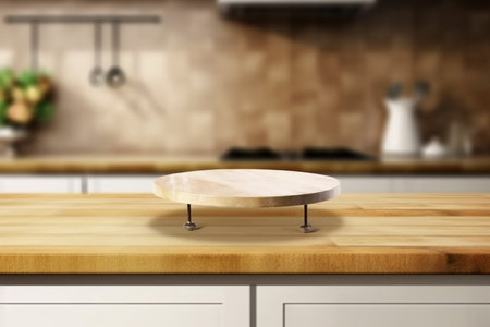 Wooden desk of free space and kitchen interior. Pedestal for your product. generative AI.の素材