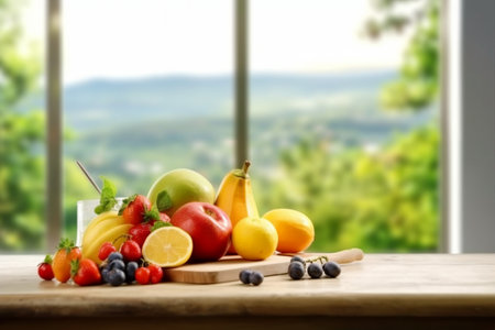 Fresh fruit in the kitchen on a wooden table by the sunny window. generative AI.の素材