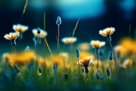 Floral summer spring background. Yellow dandelion flowers close-up in a field on nature on a dark blue green background in the evening at sunset. Colorful artistic image, free copy space. generative AI.の素材