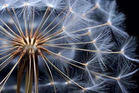 Closeup of dandelion seeds on black background.generative ai.の素材