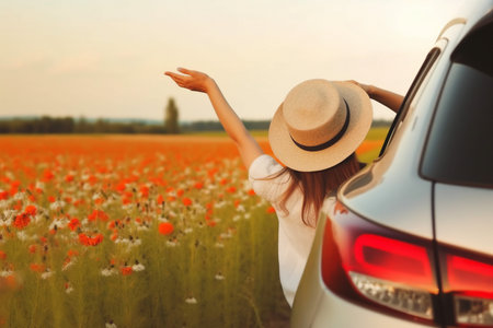 Summertime, summer fun, enjoying, relaxing, tourism, travel, leisure time, vacation mode, happiness concept. Woman enjoying summer vacation. Hands holding hat out of car window. generative AI.の素材