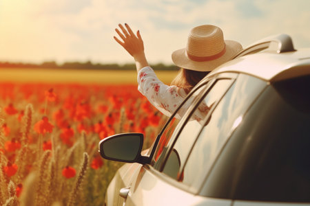 Summertime, summer fun, enjoying, relaxing, tourism, travel, leisure time, vacation mode, happiness concept. Woman enjoying summer vacation. Hands holding hat out of car window. generative AI.の素材