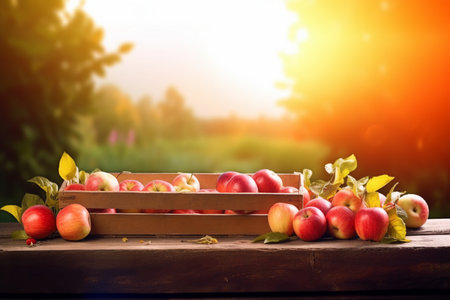 Apples In Wooden Crate On Table At Sunset. Autumn And Harvest Concept. generative AI.の素材