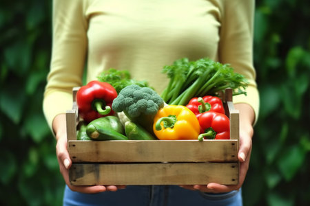 Woman wearing gloves with fresh vegetables in the box in her hands. Close up. generative AI.の素材