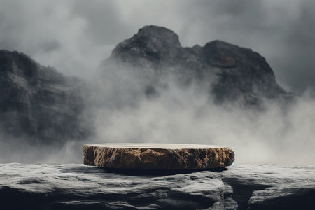 Rock Top for a Product Display, Showing Middle Close Focus to the Stone Surface on an Artistic Cloudy Foreground and Background with a Bokeh Balls Sky.generative ai.の素材