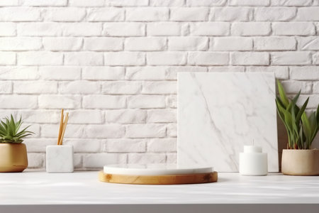 Empty marble podium on bathroom table before white brick wall. generative AI.の素材