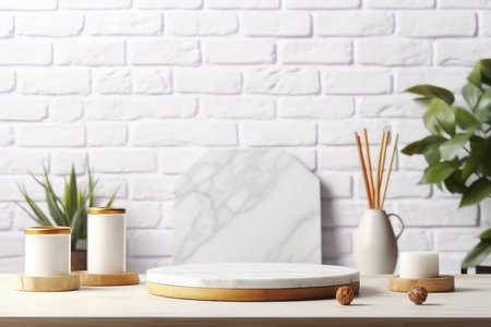 Empty marble podium on bathroom table before white brick wall. generative AI.の素材