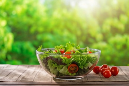 Full bowl of fresh salad on a wooden table against the background blur green leaves bokeh. generative AI.の素材