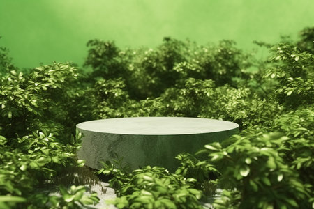 3d render platform and Natural podium background on tropical forest for product display, Blank showcase, mock up template or cosmetic presentation with empty round stage. generative AI.の素材