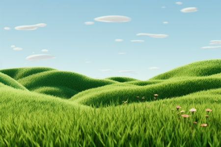 Green grass field. Summer landscape scene mockup. generative AI.の素材
