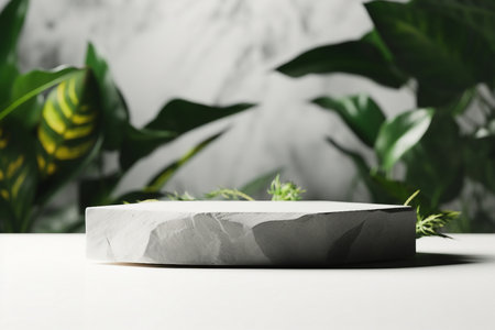 Stone product display podium with blurred nature leaves background. 3D rendering. generative AI.の素材