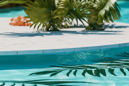 Summer background with marble podium in pool water and monstera leaf shade. Luxury hotel resort for product placement. generative AI.の素材