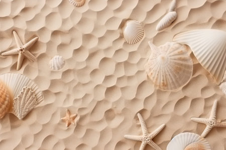 Top view of a sandy beach texture with imprints of exotic seashells and starfish as natural textured background. generative AI.の素材