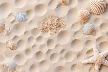 Top view of a sandy beach texture with imprints of exotic seashells and starfish as natural textured background. generative AI.の素材