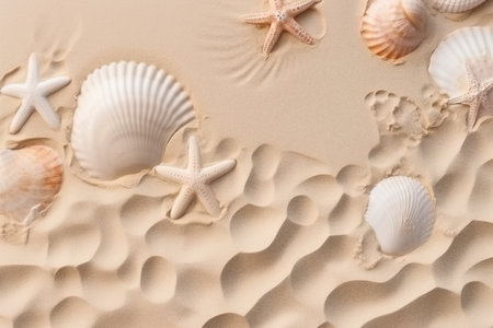 Top view of a sandy beach texture with imprints of exotic seashells and starfish as natural textured background. generative AI.の素材