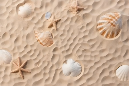 Top view of a sandy beach texture with imprints of exotic seashells and starfish as natural textured background. generative AI.の素材