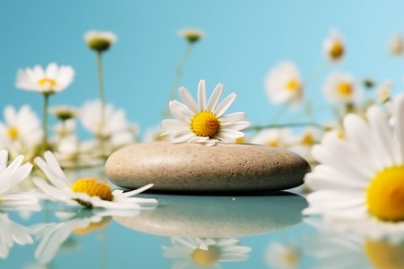 Pebble stone cosmetic podium with chamomile flowers on bright turquoise background. Cosmetic display product stand. generative AI.の素材