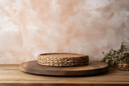 Empty wooden podium with wicker place mat on table over stone wall background. Kitchen mock up for design and product display. generative AI.の素材