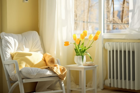Light spring bedroom interior, bed, white chair, glass with yellow tulip, window light curtains, pastel colors. generative AI.の素材