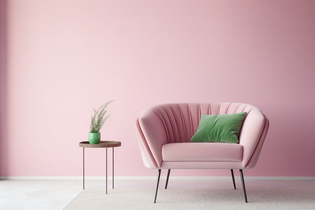 Interior with a soft green armchair on a pink wall background. 3D illustration, 3d render. generative AI.の素材