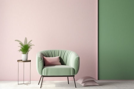 Interior with a soft green armchair on a pink wall background. 3D illustration, 3d render. generative AI.の素材