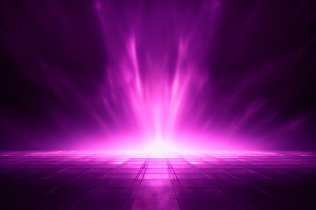 The dark stage shows, purple background, an empty dark scene, neon light, spotlights The asphalt floor and studio room with smoke float up the interior texture for display products. generative AI.の素材