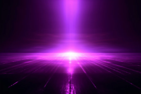 The dark stage shows, purple background, an empty dark scene, neon light, spotlights The asphalt floor and studio room with smoke float up the interior texture for display products. generative AI.の素材