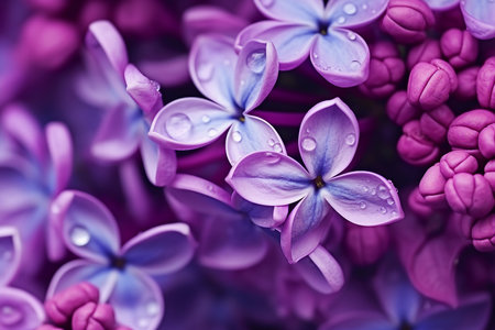 Macro image of spring lilac violet flowers, abstract soft floral background. generative AI.の素材