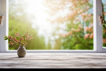 Table background of free space and spring window background. generative AI.の素材