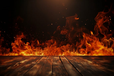 wooden table with Fire burning at the edge of the table, fire particles, sparks, and smoke in the air, with fire flames on a dark background to display products. generative AI.の素材
