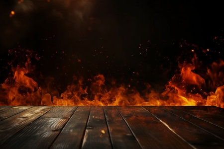wooden table with Fire burning at the edge of the table, fire particles, sparks, and smoke in the air, with fire flames on a dark background to display products. generative AI.の素材
