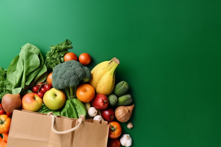 Shopping or delivery healthy food background. Healthy vegan vegetarian food in paper bag vegetables and fruits on green, copy space. Food supermarket and clean vegan eating concept. generative AI.の素材