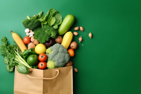 Shopping or delivery healthy food background. Healthy vegan vegetarian food in paper bag vegetables and fruits on green, copy space. Food supermarket and clean vegan eating concept. generative AI.の素材